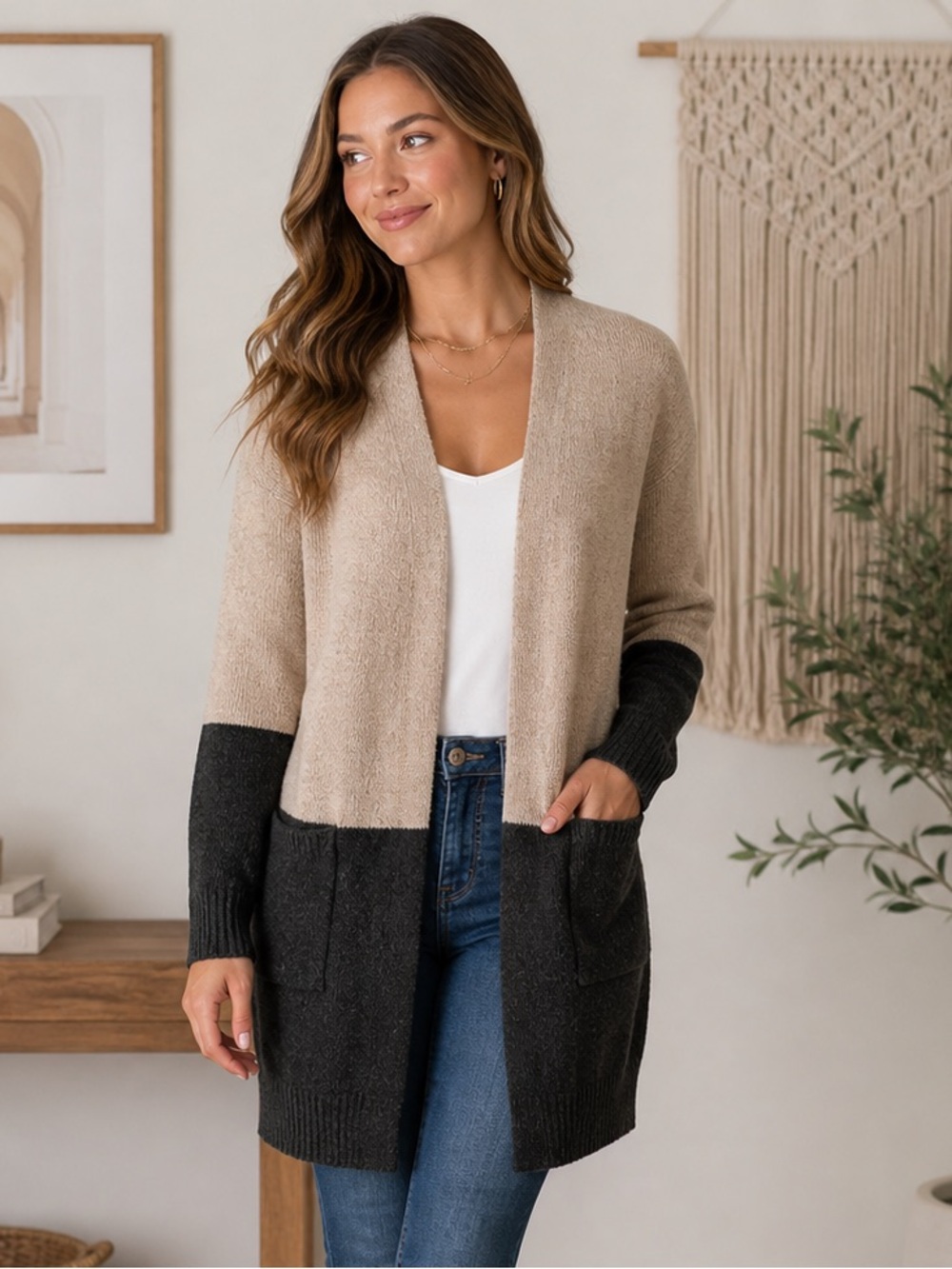 Arianna Open Cardigan Womens S/M Colorblock Beige Black Cozy Duster Pockets